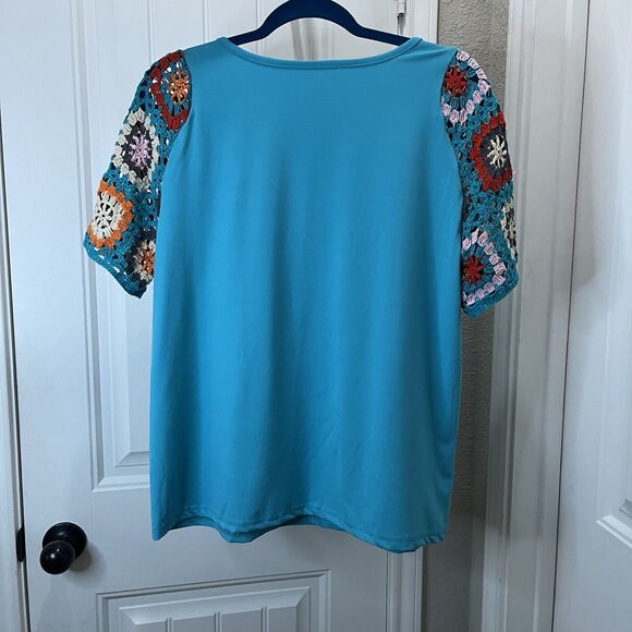 Womens Teal Blue Crochet Sleeve Boho Top Blouse Size L - Picture 5 of 7